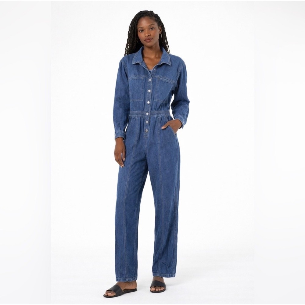 Free People Touch The Sky Denim Utility Jumpsuit Blue Size S